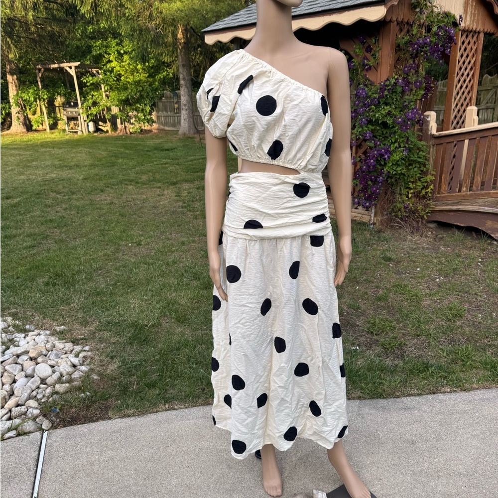 One Shoulder Polka Dot Dress - Cream and Black
